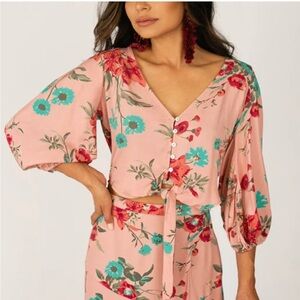 Joyfolie Pink and Blue Puff Sleeve Crop Blouse and matching skirt